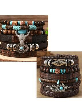 NWT 6pc Boho Leather Bracelet Stack Western Cow Skull Feather Silver Beaded
